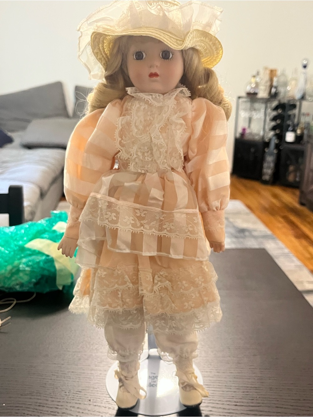 Porcelain Fashion Doll in Peach Lace Dress - Classic Collectible